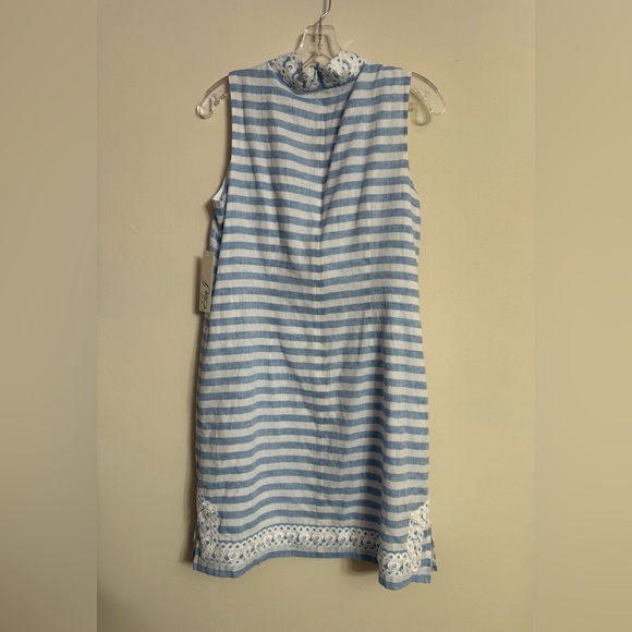 ELIZA J Sleeveless Shift Mini Embroidered Dress Blue White Stripe Size 10 - Picture 5 of 5